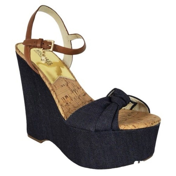 Michael Kors Denim Cork Wedge Sandals Size 9  Ankle Strap Espadrille Heels - Picture 1 of 13
